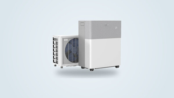 Climatiseur split mobile Midea PortaSplit, unité intérieure et unité extérieure vues de trois quarts