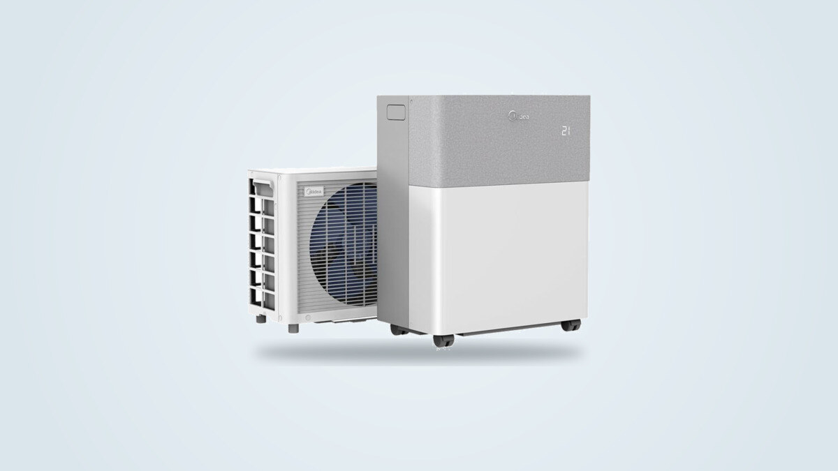Climatiseur split mobile Midea PortaSplit, unité intérieure et unité extérieure vues de trois quarts