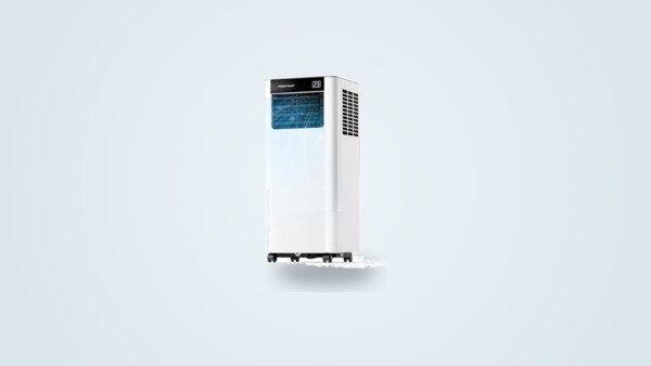 Climatiseur mobile Temprium 7000 BTU vu de trois quarts, panneau tactile et roulettes visibles
