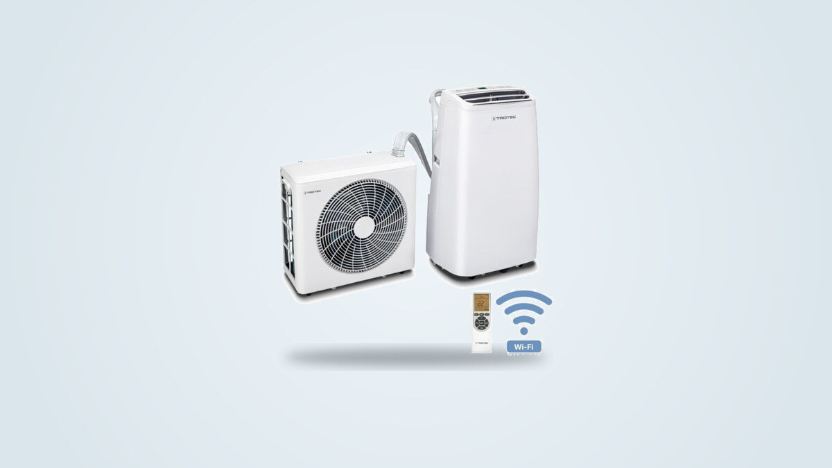 Climatiseur split mobile Trotec PAC-S 3510 SH avec son unité extérieure sur support de fenêtre