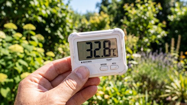 Main tenant un thermomètre numérique affichant 32,8 °C en plein soleil dans un jardin, végétation verte en arrière-plan pendant une vague de chaleur