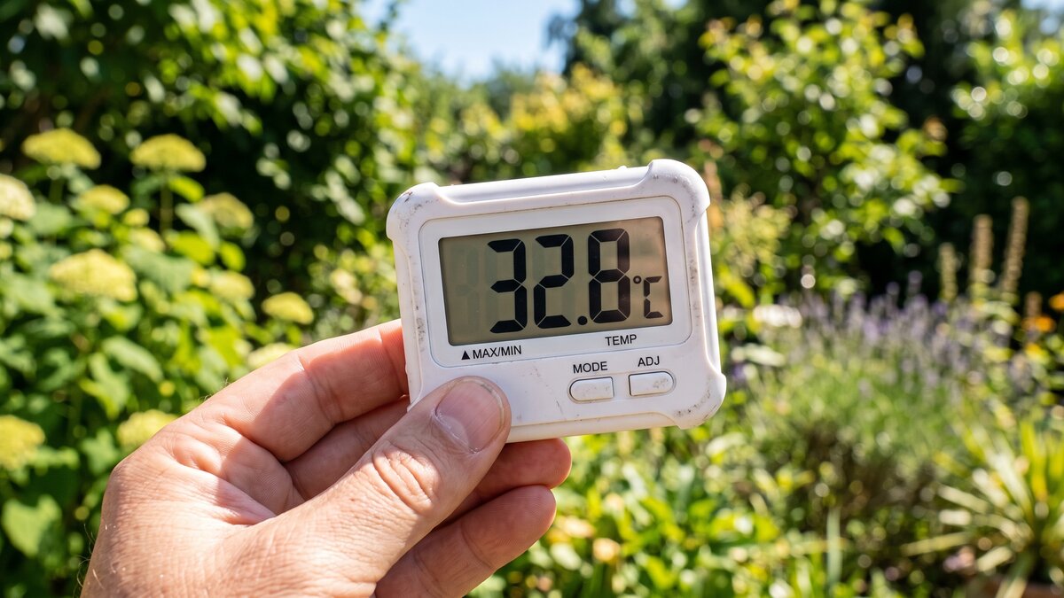 Main tenant un thermomètre numérique affichant 32,8 °C en plein soleil dans un jardin, végétation verte en arrière-plan pendant une vague de chaleur