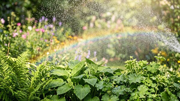 Feine Wassertröpfchen bei praller Sonne vernebelt, mit Regenbogeneffekt über grünem Laub