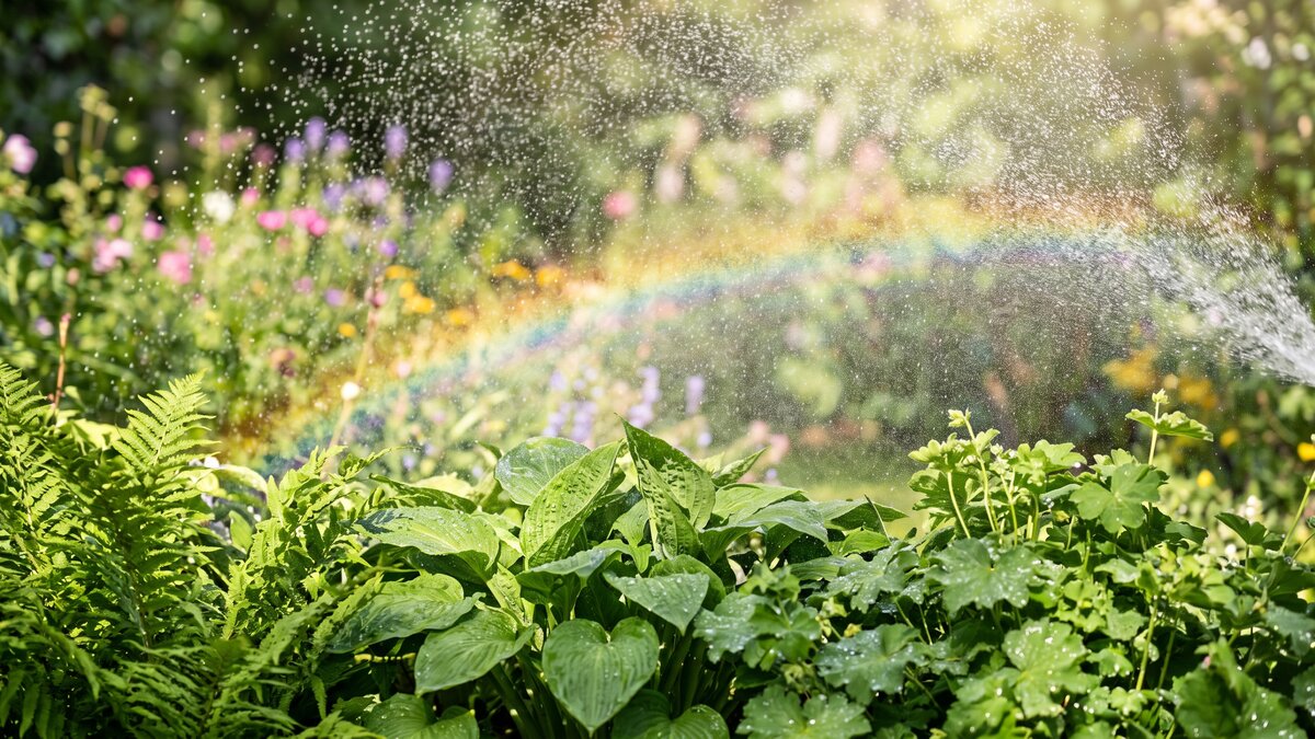 Fines gouttelettes d’eau brumisées en plein soleil, effet arc-en-ciel au-dessus d’un feuillage vert