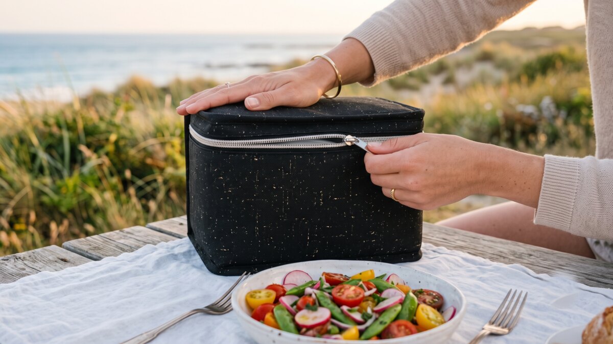 Sac isotherme souple ouvert avec un bol de salade posé à côté, lors d'un pique-nique en extérieur