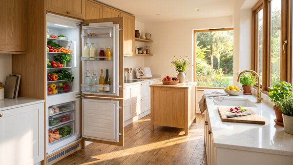 Cuisine en bois clair et crème baignée par le soleil d’été, réfrigérateur combiné encastré portes grandes ouvertes, clayettes garnies de légumes frais et de bouteilles