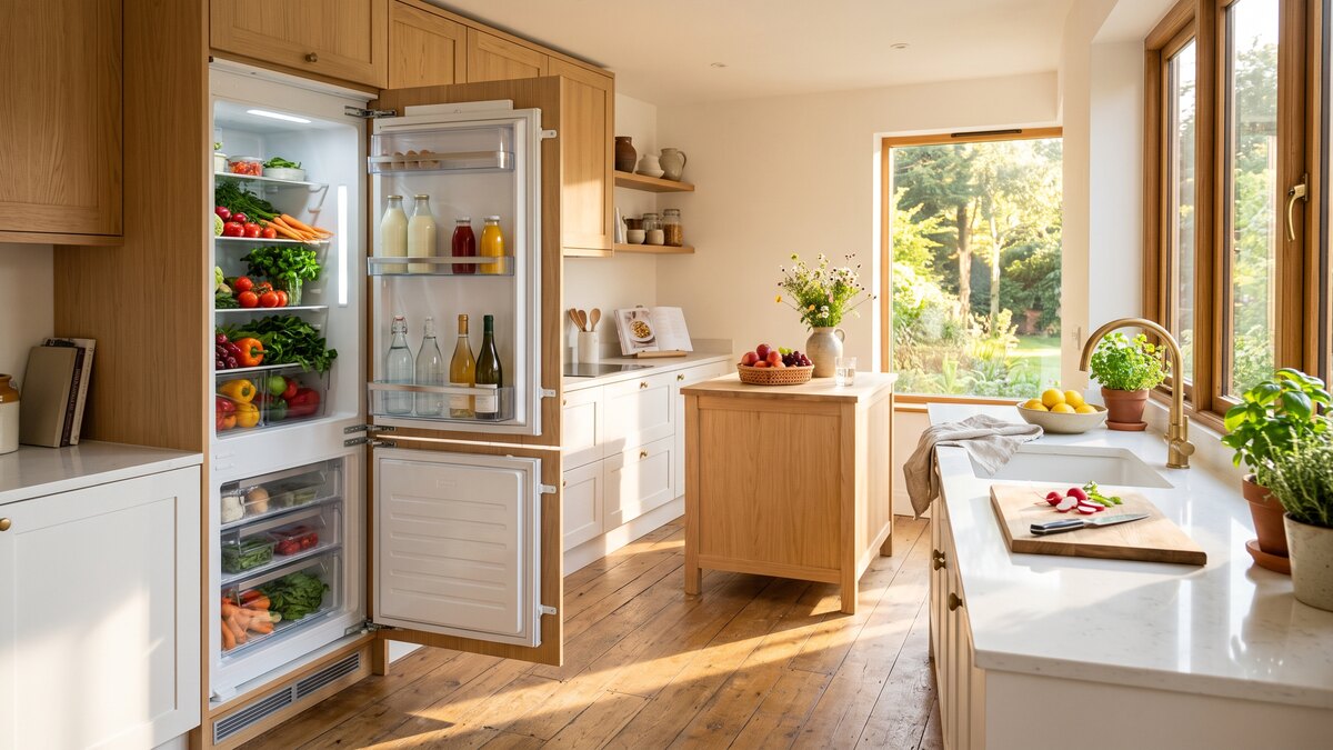 Light oak and cream kitchen flooded with summer sunlight, with a built-in fridge freezer standing wide open, its shelves stocked with fresh vegetables and bottles