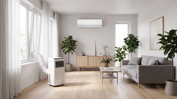 Climatiseur mobile monobloc dans un salon à côté d’une unité intérieure de climatiseur split fixe murale
