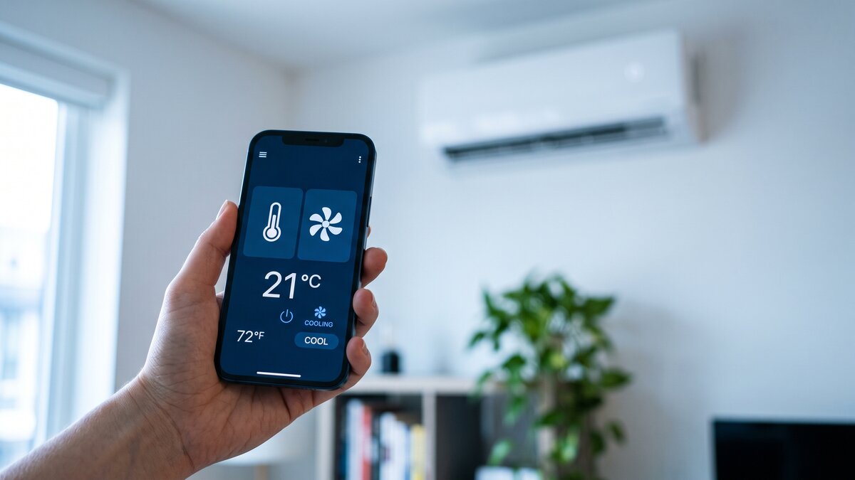 Hand hält ein Smartphone mit einer App zur Steuerung der Klimaanlage, im unscharfen Hintergrund eine weiße Wand-Klimaanlage in einem modernen Wohnzimmer