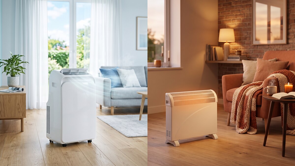 Climatiseur mobile réversible dans un salon en hiver, à côté d’un radiateur d’appoint soufflant