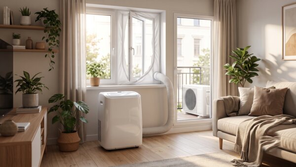 Climatiseur mobile split posé dans un salon, avec sa gaine reliée à une fenêtre par un kit de calfeutrage