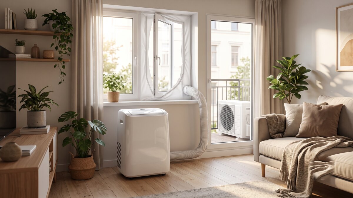 Climatiseur mobile split posé dans un salon, avec sa gaine reliée à une fenêtre par un kit de calfeutrage
