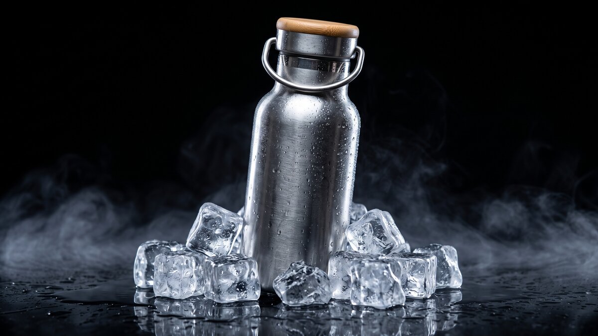 Gourde isotherme en acier inoxydable couverte de condensation, posée au milieu de glaçons sur fond noir