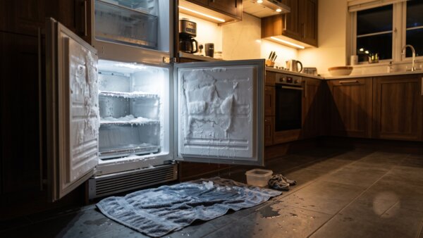 Open freezer mid-defrost, frost sheets melting off the walls with a towel laid on the floor