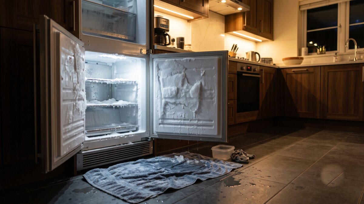 Congélateur ouvert en cours de dégivrage, plaques de givre fondant sur les parois avec une serviette posée au sol