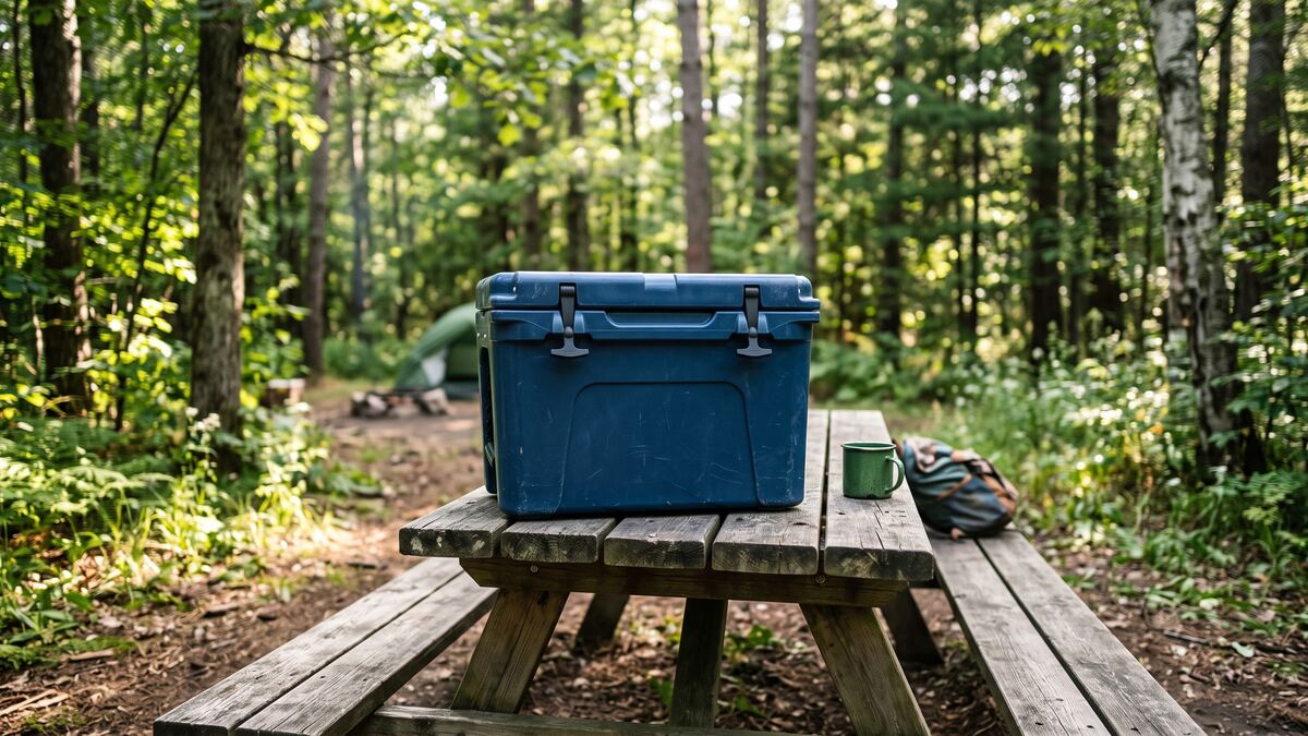 Blaue Hartschalen-Kühlbox auf einem hölzernen Picknicktisch in einer bewaldeten Umgebung, für den gelegentlichen Einsatz im Freien