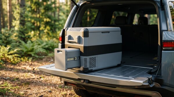 Glacière à compression avec batterie amovible posée dans le coffre d'un véhicule