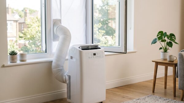 Portable air conditioner exhaust hose installed through a window sealing kit