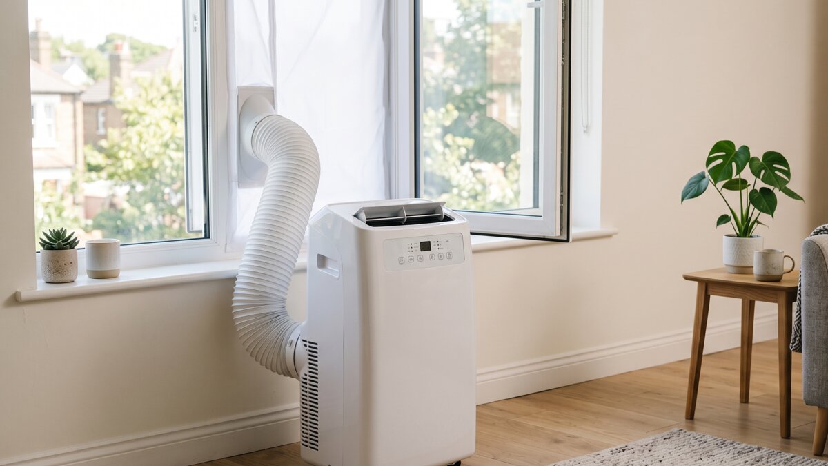 Portable air conditioner exhaust hose installed through a window sealing kit