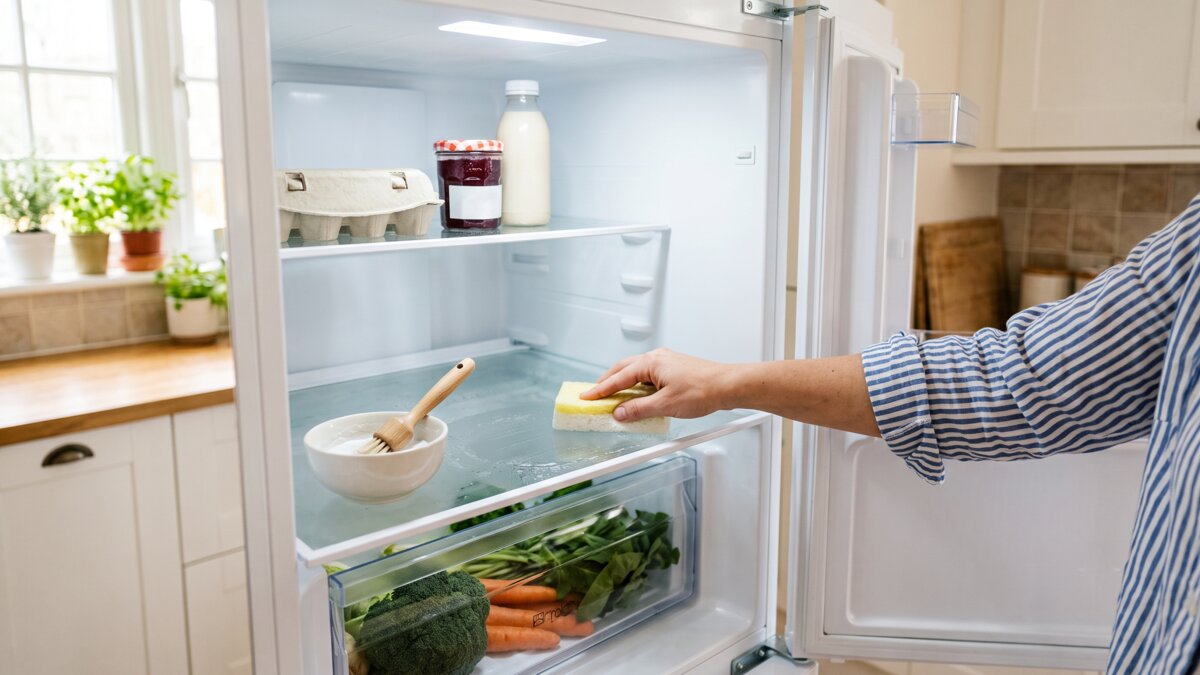 Cleaning the inside of a fridge with a sponge and baking soda