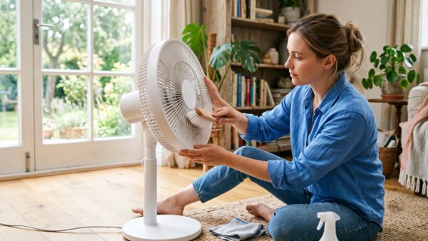 Cleaning a fan's blades with a soft-bristle brush