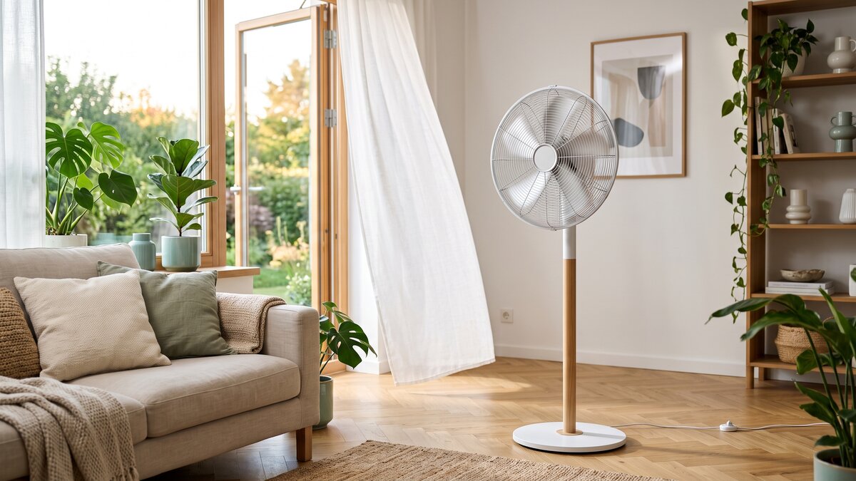 Un ventilateur sur pied moderne au centre d’un salon lumineux, pales en mouvement devant une fenêtre ouverte