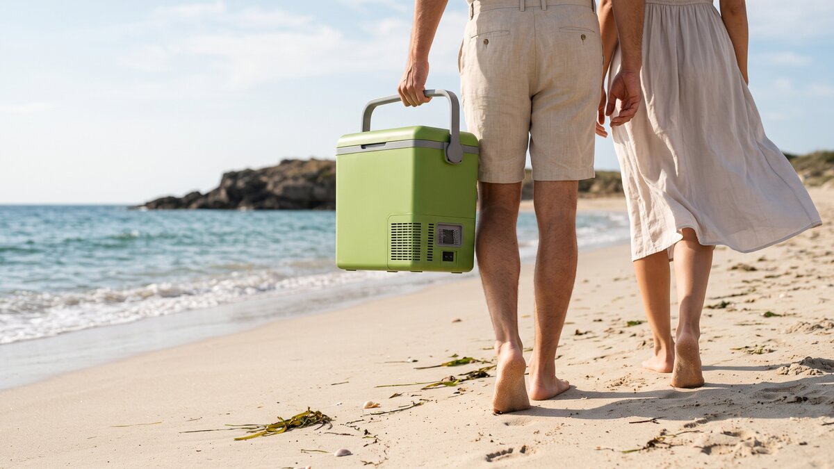 Un couple marche pieds nus sur une plage au bord de l’eau, portant une glacière électrique verte sans marque visible