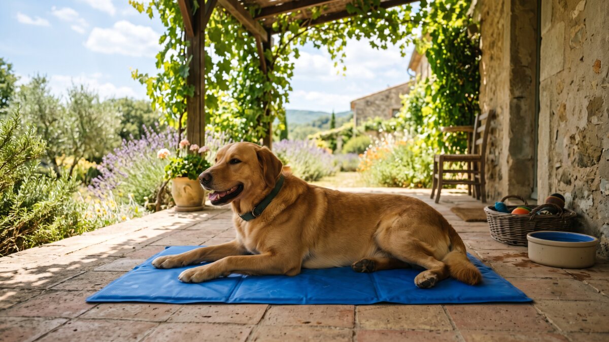 Dog lying on a cooling mat in the shade on a hot day