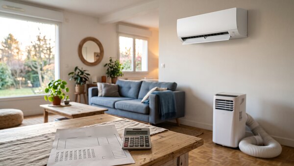 Salon lumineux avec un climatiseur split mural fixe au mur, un climatiseur mobile et sa gaine d’évacuation posés au sol à droite, et un devis avec une calculatrice au premier plan