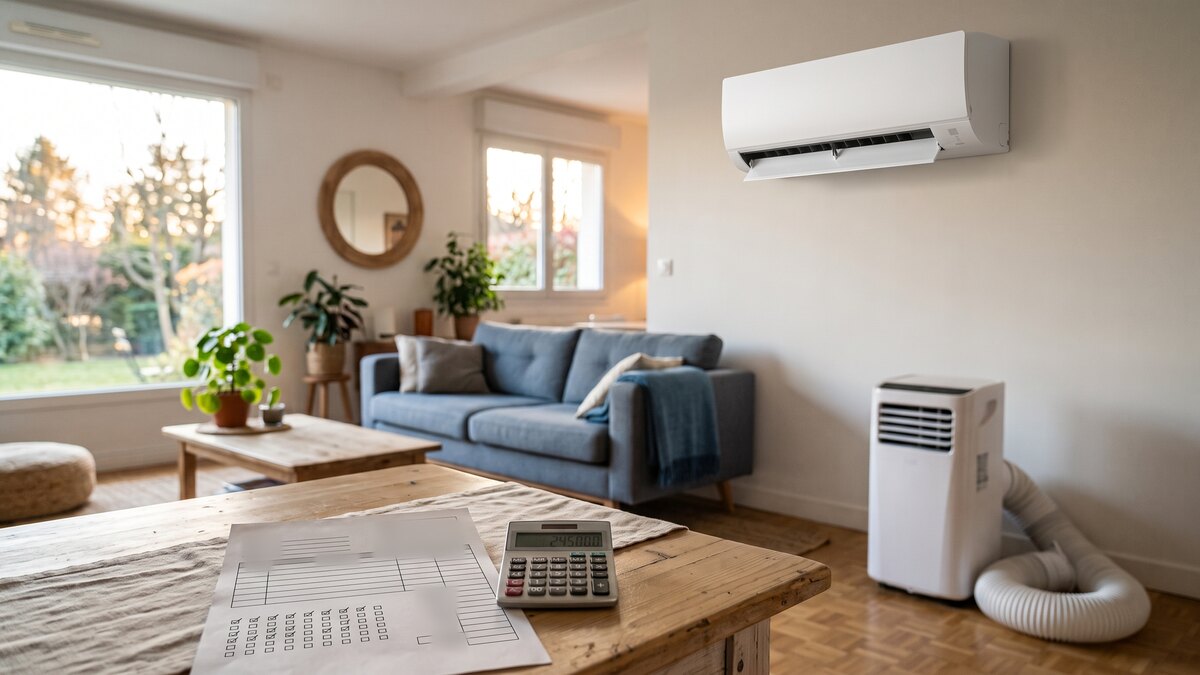 Helles Wohnzimmer mit fest installiertem Split-Klimagerät an der Wand, einem mobilen Klimagerät samt Abluftschlauch rechts am Boden und einem Angebot mit Taschenrechner im Vordergrund