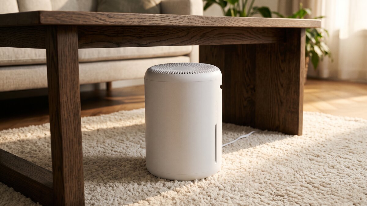 Purificateur d’air cylindrique blanc à grille circulaire, posé sous une table basse dans un salon lumineux