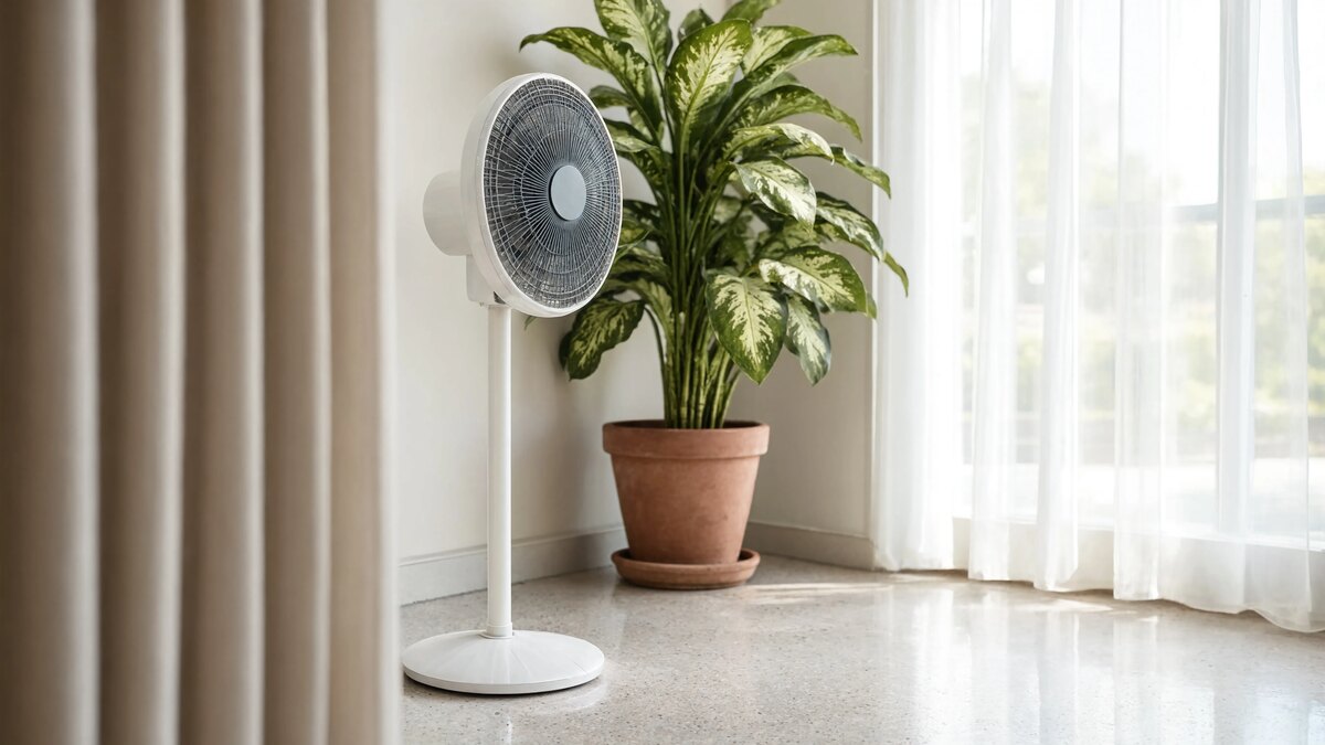 Ventilateur sur pied blanc devant une fenêtre lumineuse, entouré de plantes vertes